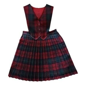 VTG Archie Brown & Son‎ Pleated Skirt Vest Holiday Preppy Red Green Plaid Girl 8